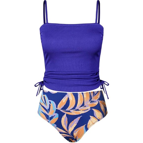 CUPSHE Women 2 Piece Swimsuit XS Purple Ribbed Floral Tankini Top High Waist - Picture 4 of 9